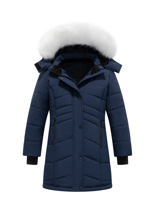 Heting Girls' Long Quilted Puffer Jacket, 5000mm Waterproof Insulated Winter Parka, Windproof Recycled Shell Fleece Lined Coat with Removable Faux Fur Hood