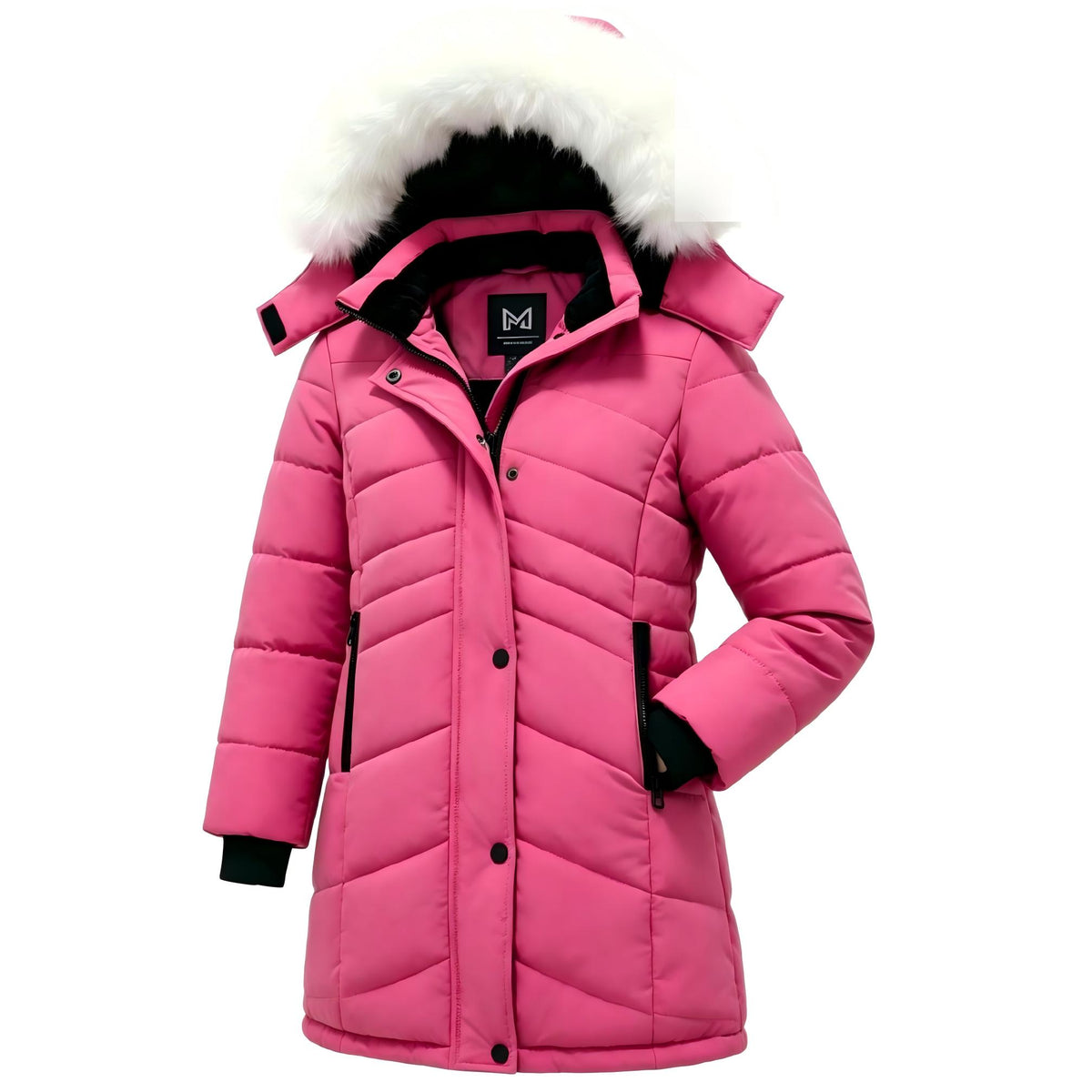 Heting Girls' Long Quilted Puffer Jacket, 5000mm Waterproof Insulated Winter Parka, Windproof Recycled Shell Fleece Lined Coat with Removable Faux Fur Hood