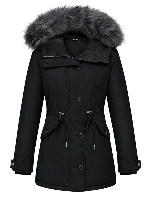 Heting Women's Winter Thicken Jacket, Quilted Coat Puffer Parka with Faux Fur Trim Hood