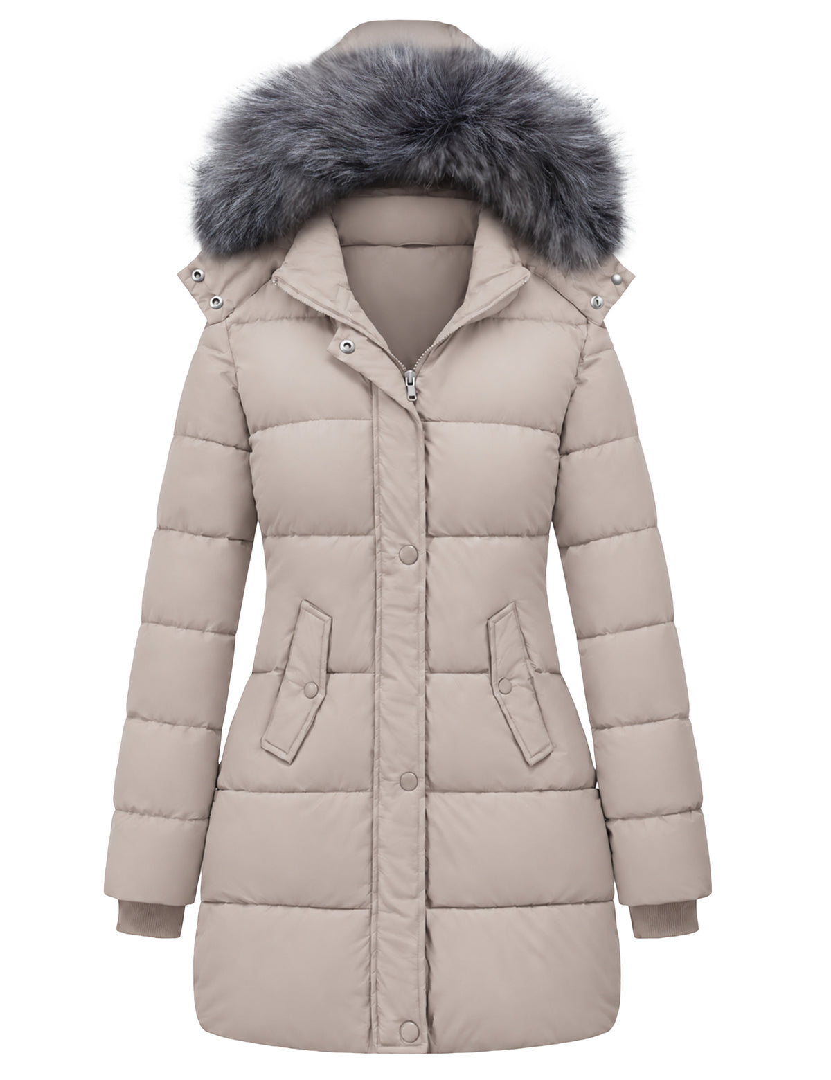 Heting Women's Winter Thicken Puffer Coat, Warm Snow Jacket with Removable Fur Hood Quilted Insulated Parka for Cold Weather