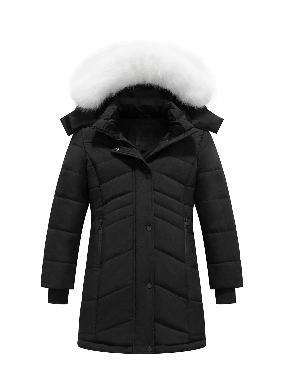 Heting Girls' Long Quilted Puffer Jacket, 5000mm Waterproof Insulated Winter Parka, Windproof Recycled Shell Fleece Lined Coat with Removable Faux Fur Hood
