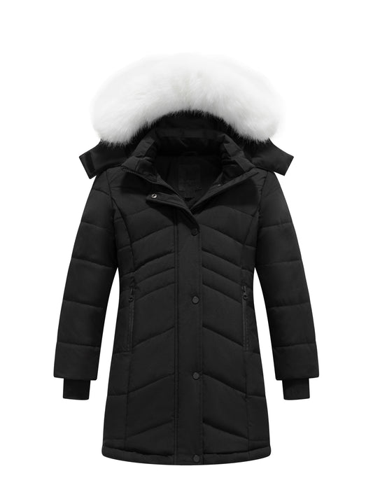 Heting Girls' Long Quilted Puffer Jacket, 5000mm Waterproof Insulated Winter Parka, Windproof Recycled Shell Fleece Lined Coat with Removable Faux Fur Hood