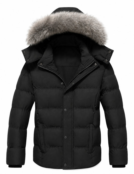 Heting Men's Thick Quilted Hooded Winter Puffer Coat, Windproof Water Resistant Down Alternative Jacket Slim Fit Casual Outerwear