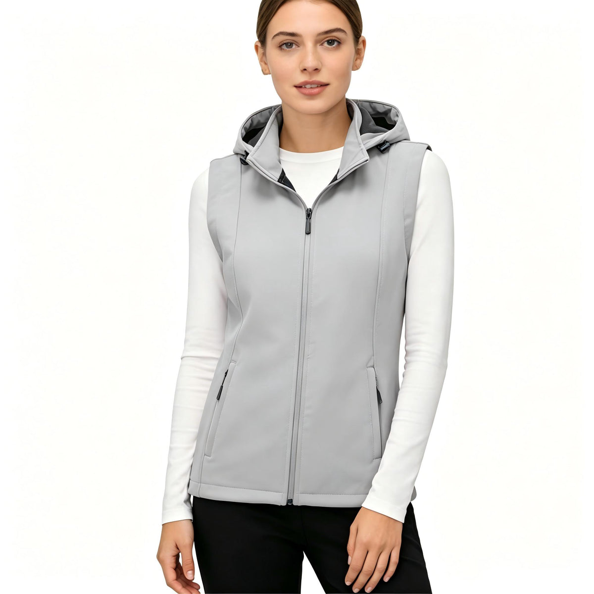 Heting Women's Windproof Fleece Lined Softshell Vest, Hooded Zip Up Lightweight Sleeveless Coat for Running