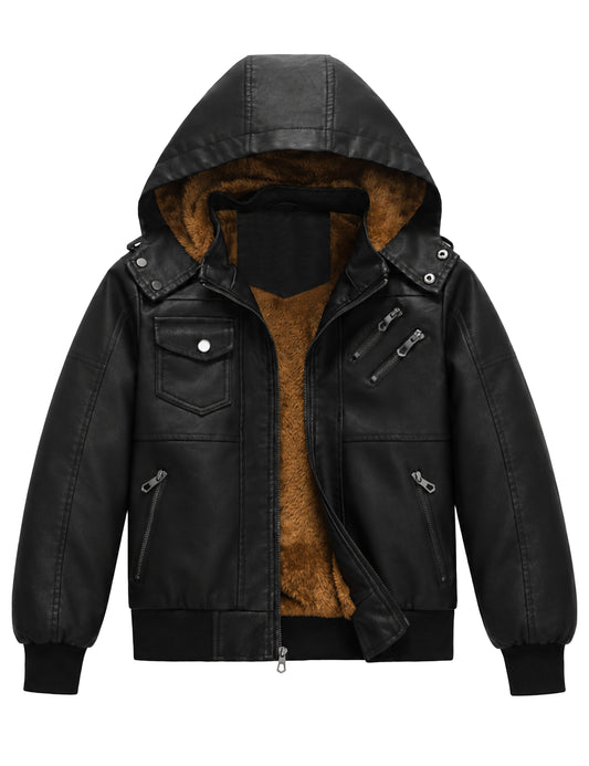 Heting Boy's Faux Leather Motorcycle Jacket Windproof Fleece Lined Warm Winter Hooded Kids Bomber Outerwear