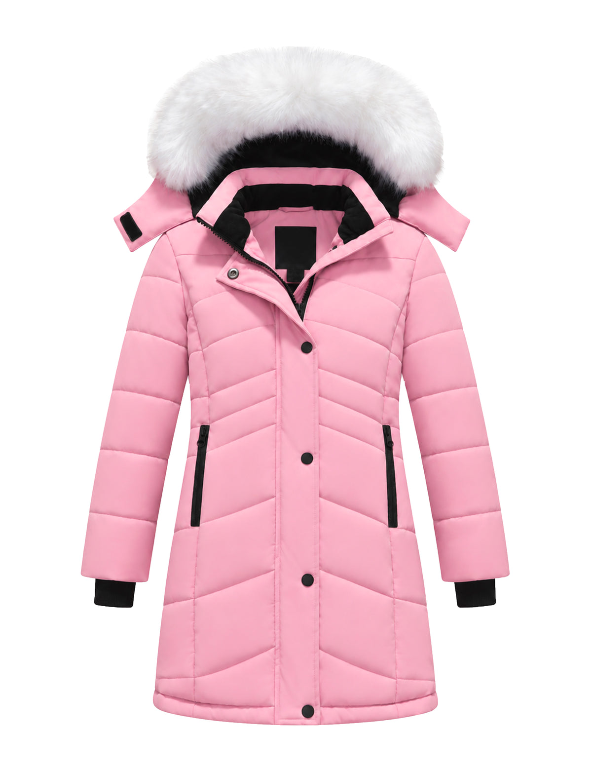 Heting Girls' Long Quilted Puffer Jacket, 5000mm Waterproof Insulated Winter Parka, Windproof Recycled Shell Fleece Lined Coat with Removable Faux Fur Hood