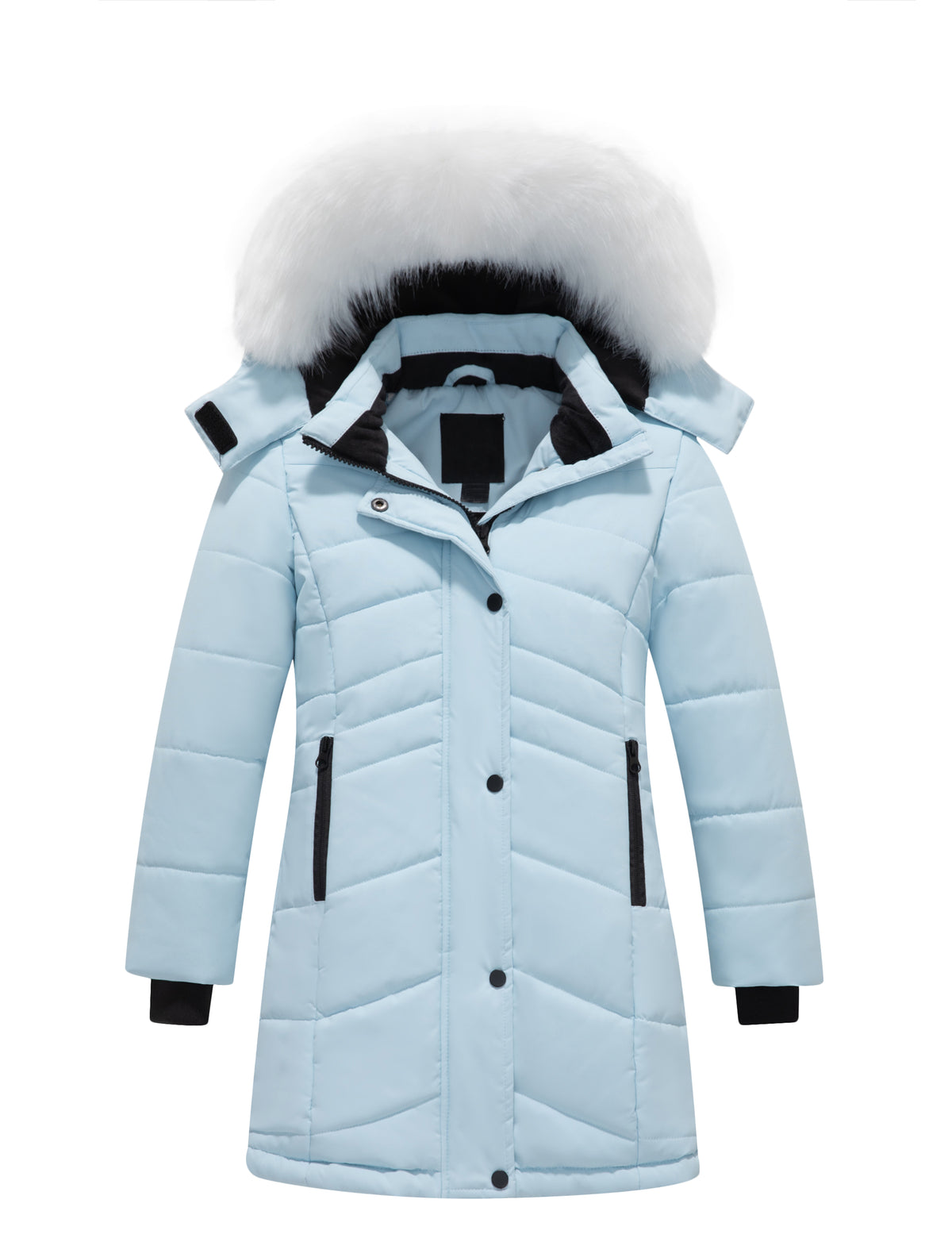 Heting Girls' Long Quilted Puffer Jacket, 5000mm Waterproof Insulated Winter Parka, Windproof Recycled Shell Fleece Lined Coat with Removable Faux Fur Hood