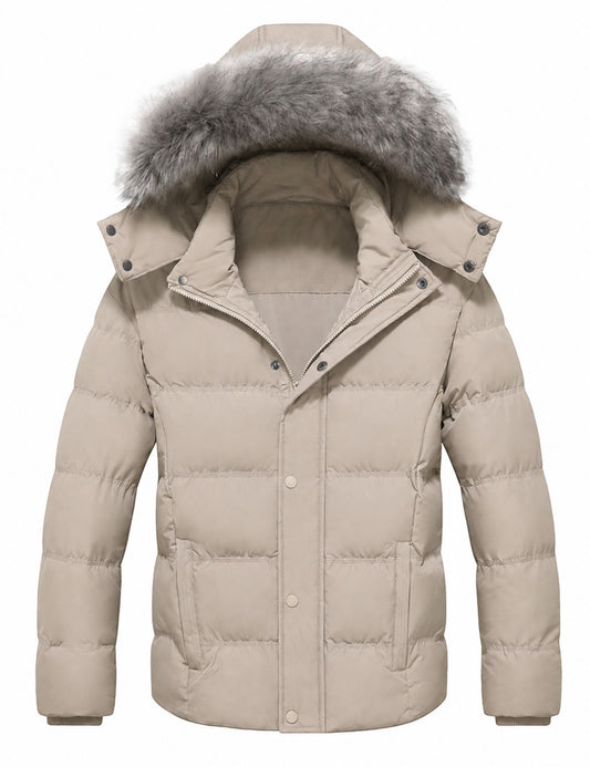 Heting Men's Thick Quilted Hooded Winter Puffer Coat, Windproof Water Resistant Down Alternative Jacket Slim Fit Casual Outerwear