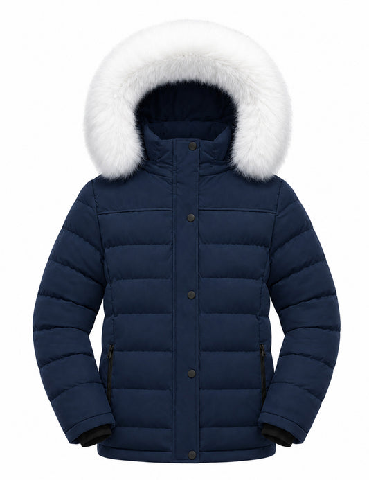 Heting Girls' Removable Faux Fur Hood Puffer Jacket, Thicken Insulation Windproof Winter Coat for Outdoor & School
