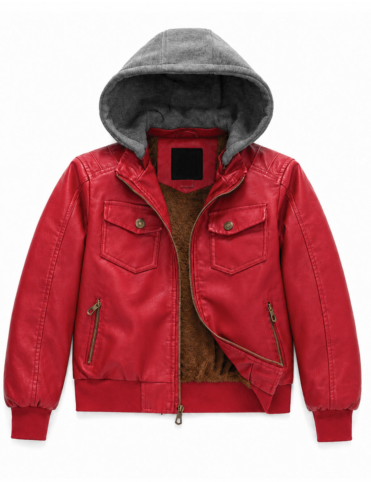 Heting Boy's PU Faux Leather Motorcycle Jacket, Windproof Warm Fleece Lined Kids Hooded Winter Bomber Coat