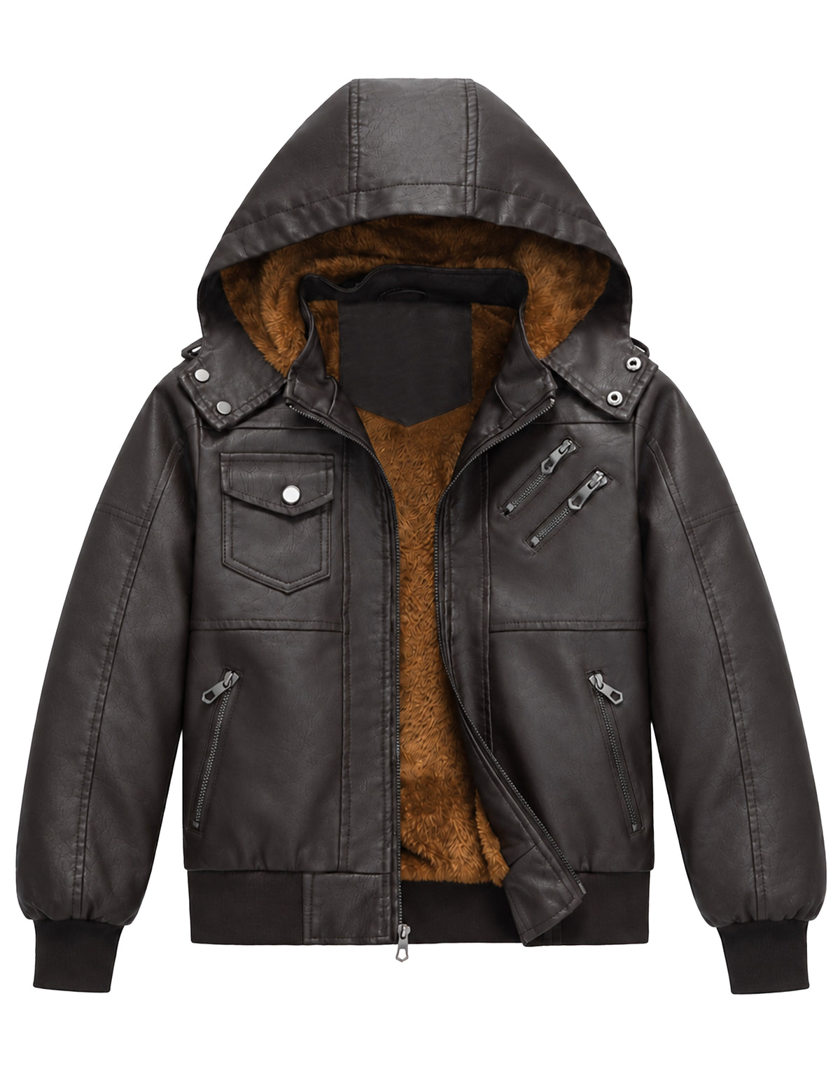 Heting Boy's Faux Leather Motorcycle Jacket Windproof Fleece Lined Warm Winter Hooded Kids Bomber Outerwear