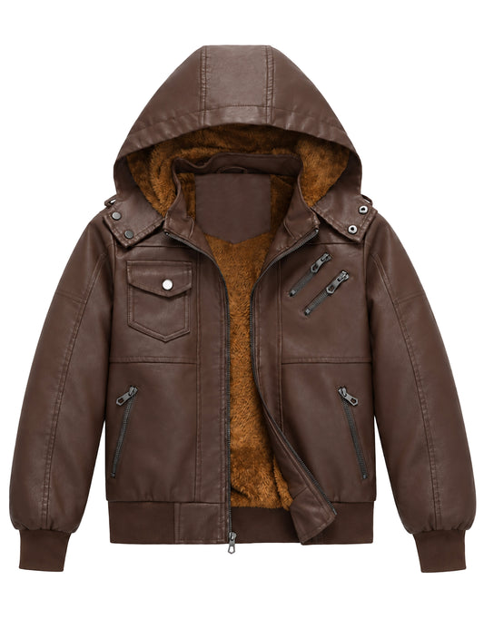 Heting Boy's Faux Leather Motorcycle Jacket Windproof Fleece Lined Warm Winter Hooded Kids Bomber Outerwear