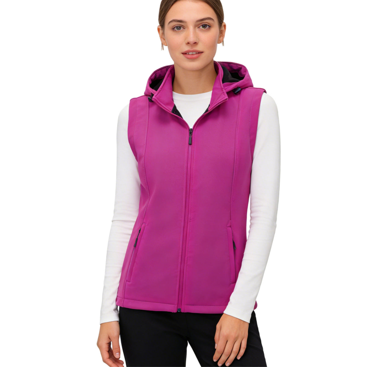 Heting Women's Windproof Fleece Lined Softshell Vest, Hooded Zip Up Lightweight Sleeveless Coat for Running