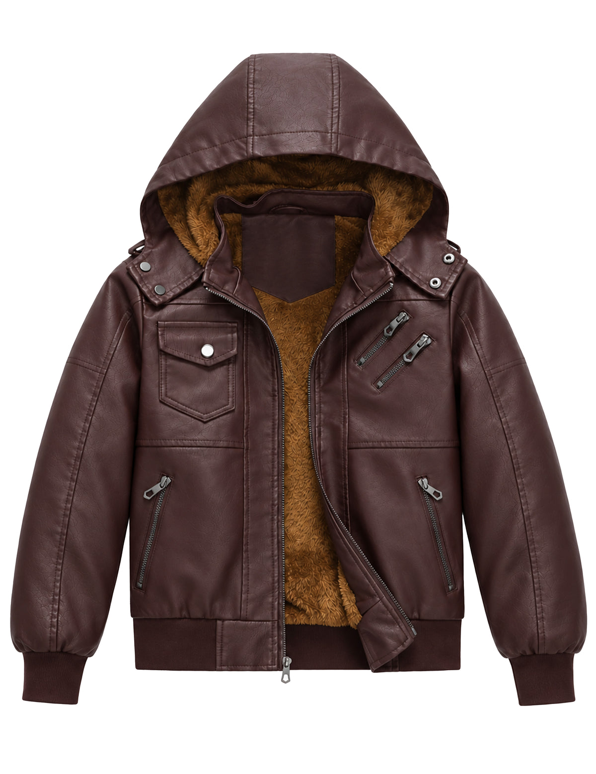 Heting Boy's Faux Leather Motorcycle Jacket Windproof Fleece Lined Warm Winter Hooded Kids Bomber Outerwear