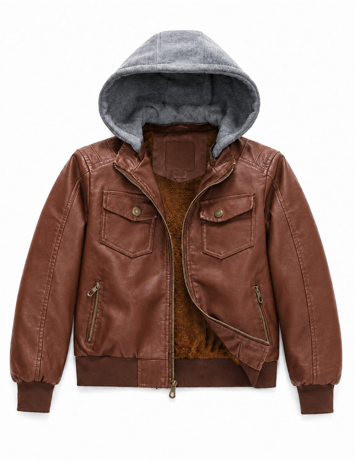 Heting Boy's PU Faux Leather Motorcycle Jacket, Windproof Warm Fleece Lined Kids Hooded Winter Bomber Coat