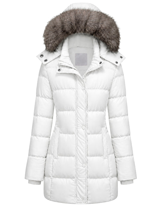 Heting Women's Long Quilted Puffer Winter Coat - Thicken Warm Hooded Jacket with Removable Faux Fur Hood, Water Repellent Windproof, Standard & Plus Size, Multiple Colors