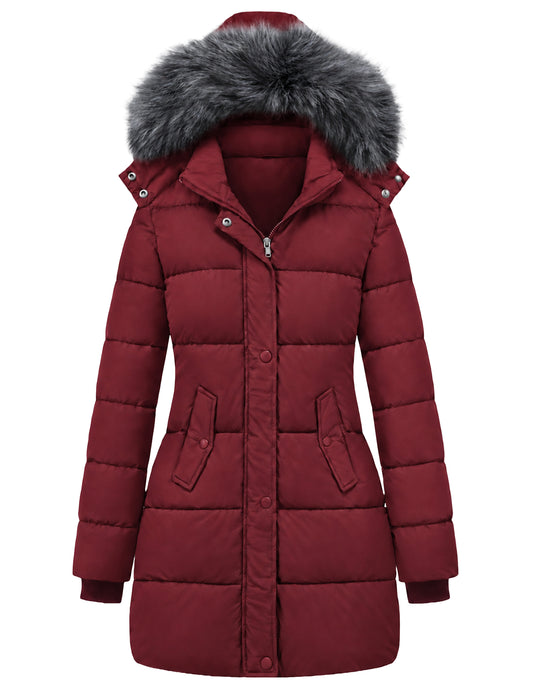 Heting Women's Winter Thicken Puffer Coat, Warm Snow Jacket with Removable Fur Hood Quilted Insulated Parka for Cold Weather