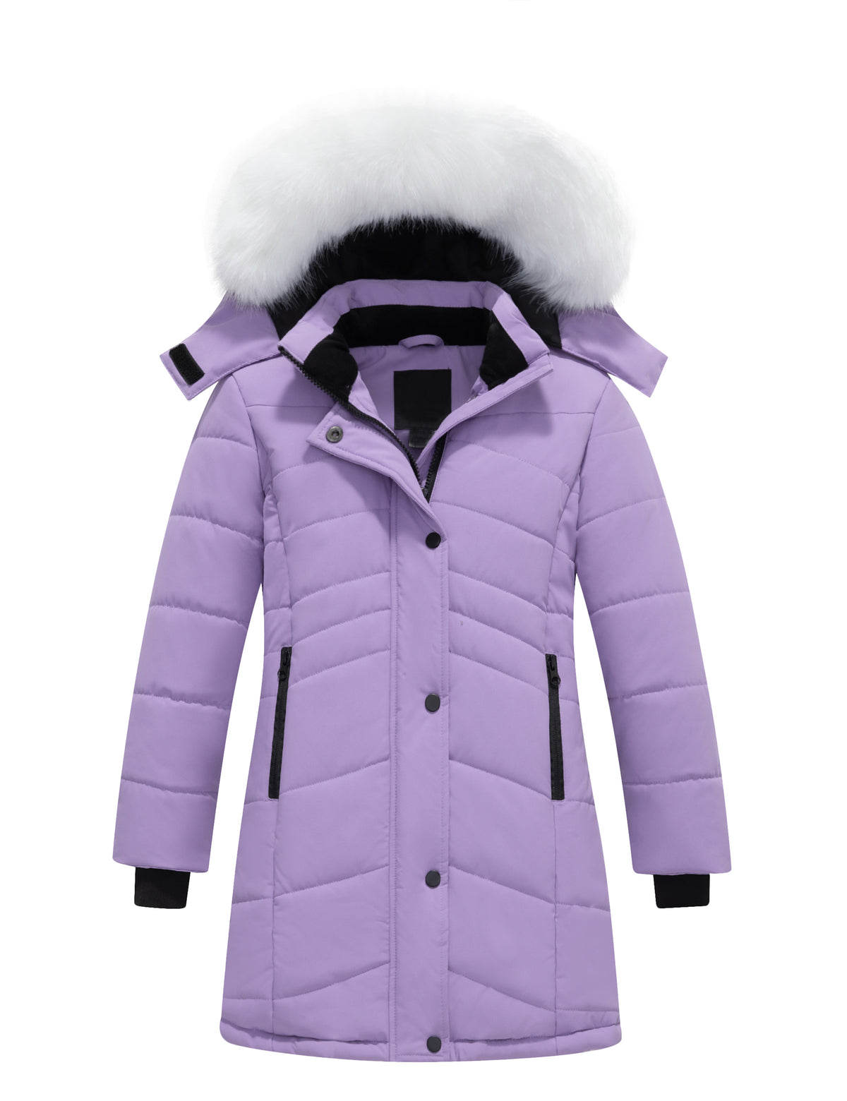 Heting Girls' Long Quilted Puffer Jacket, 5000mm Waterproof Insulated Winter Parka, Windproof Recycled Shell Fleece Lined Coat with Removable Faux Fur Hood
