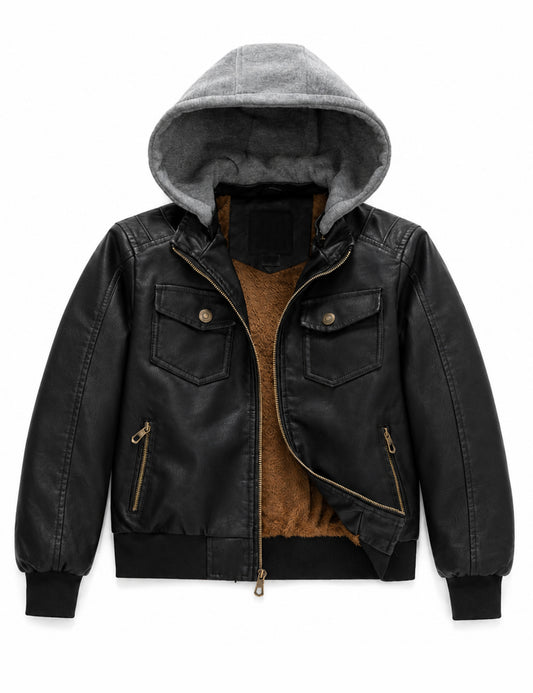 Heting Boy's PU Faux Leather Motorcycle Jacket, Windproof Warm Fleece Lined Kids Hooded Winter Bomber Coat