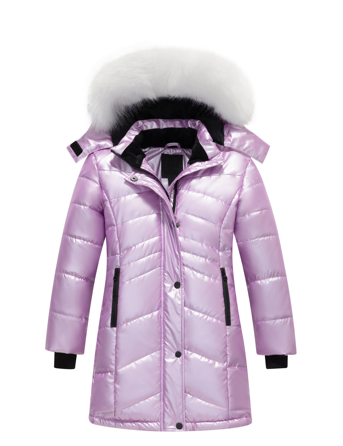 Heting Girls' Long Quilted Puffer Jacket, 5000mm Waterproof Insulated Winter Parka, Windproof Recycled Shell Fleece Lined Coat with Removable Faux Fur Hood