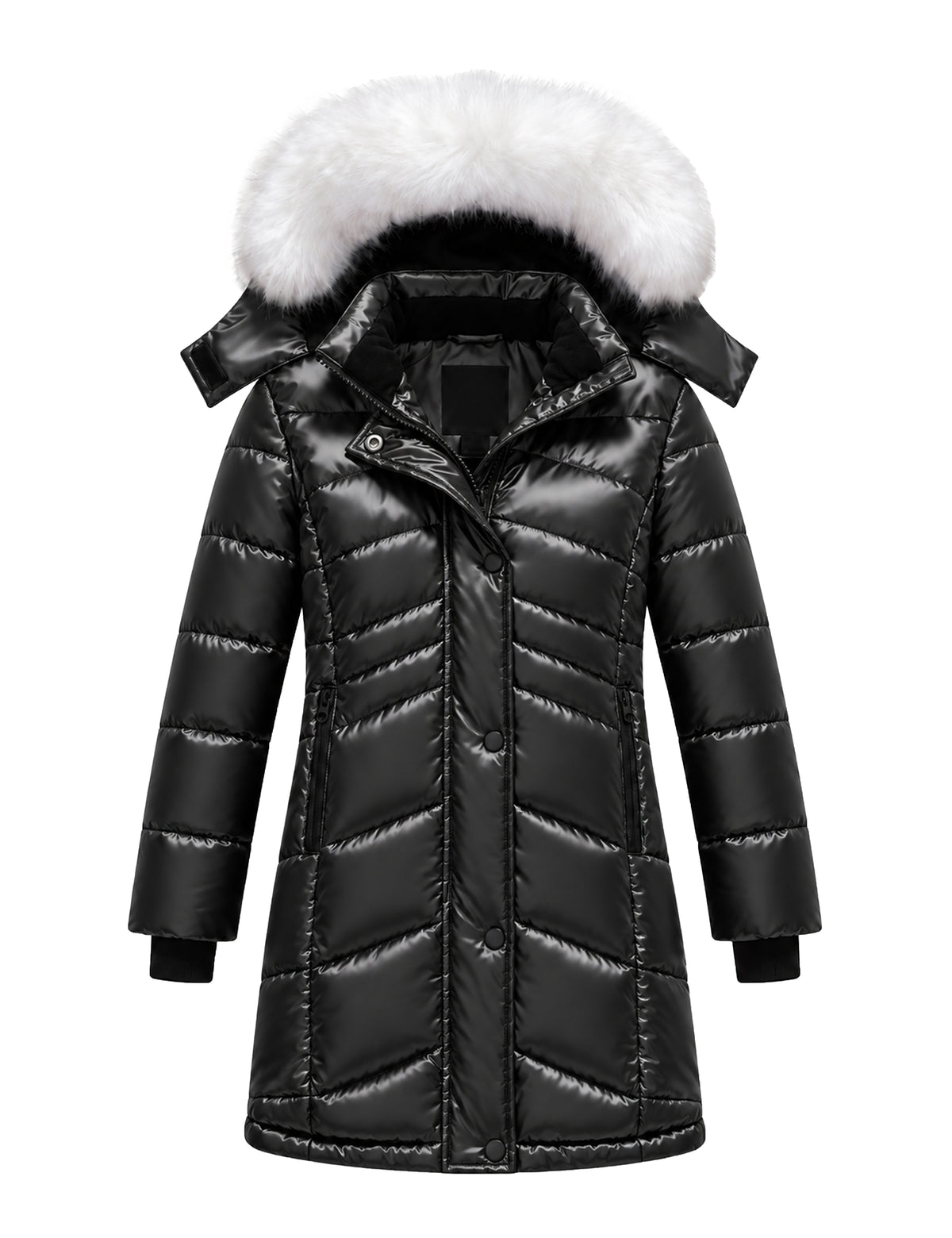 Heting Girls' Long Quilted Puffer Jacket, 5000mm Waterproof Insulated Winter Parka, Windproof Recycled Shell Fleece Lined Coat with Removable Faux Fur Hood