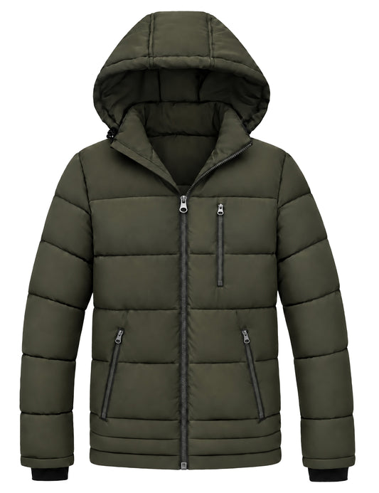 Heting Men's Thick Padded Waterproof Puffer Jacket, Hooded Warm Winter Coat for Hiking & Commuting