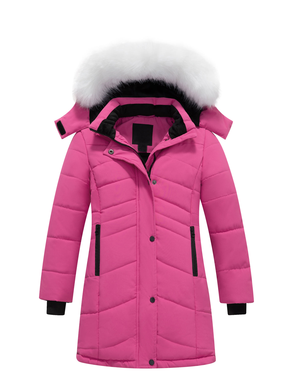Heting Girls' Long Quilted Puffer Jacket, 5000mm Waterproof Insulated Winter Parka, Windproof Recycled Shell Fleece Lined Coat with Removable Faux Fur Hood