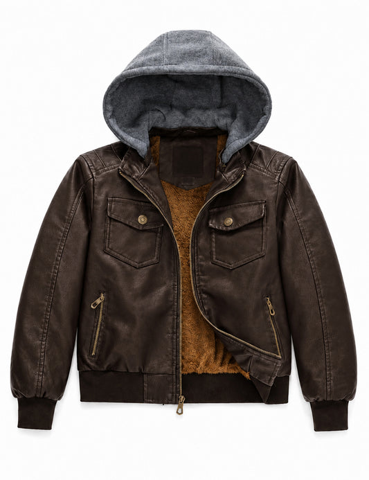 Heting Boy's PU Faux Leather Motorcycle Jacket, Windproof Warm Fleece Lined Kids Hooded Winter Bomber Coat