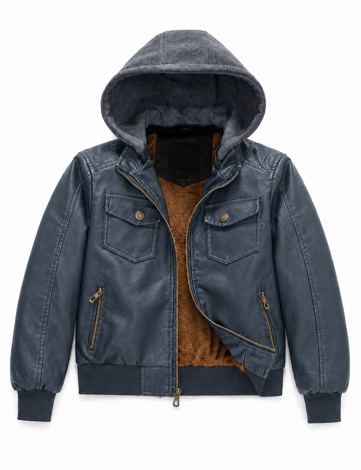 Heting Boy's PU Faux Leather Motorcycle Jacket, Windproof Warm Fleece Lined Kids Hooded Winter Bomber Coat