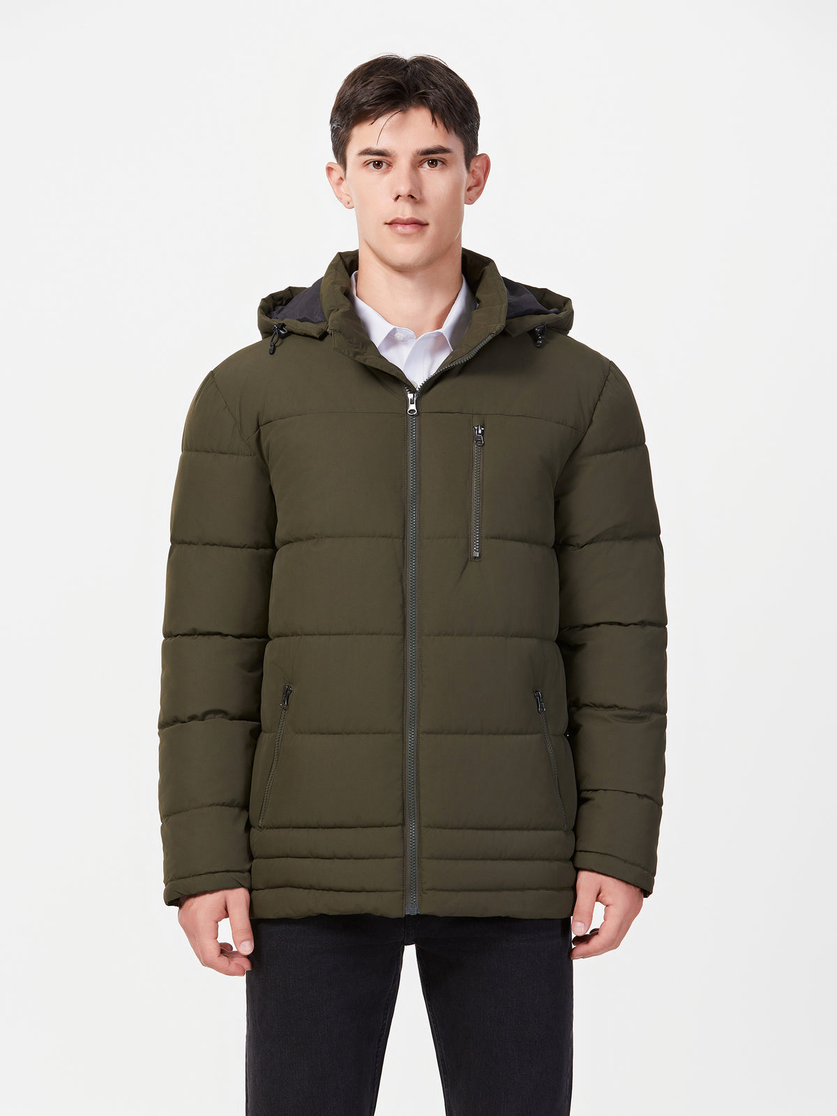 Heting Men's Thick Padded Waterproof Puffer Jacket, Hooded Warm Winter Coat for Hiking & Commuting