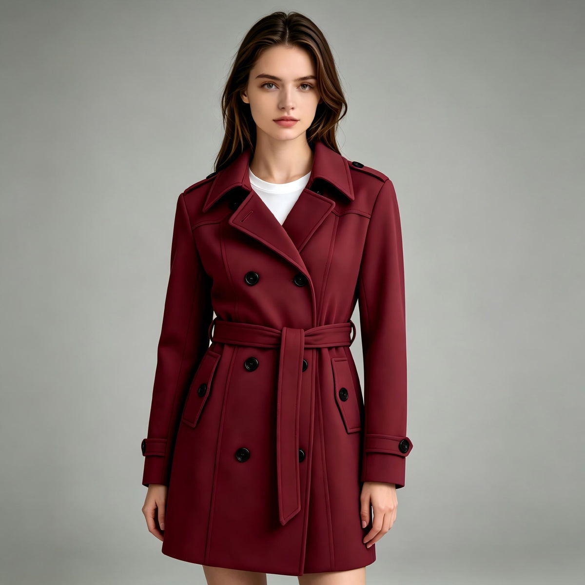 Heting Women's Slim Double Breasted Winter Pea Coat, Tailored Trench Coat with Adjustable Belt and 4-Way Stretch Lining