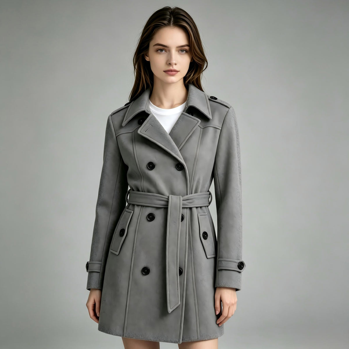 Heting Women's Slim Double Breasted Winter Pea Coat, Tailored Trench Coat with Adjustable Belt and 4-Way Stretch Lining