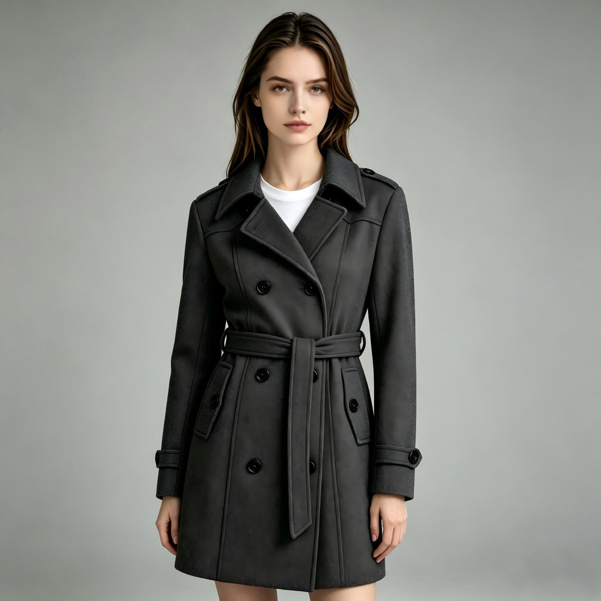 Heting Women's Slim Double Breasted Winter Pea Coat, Tailored Trench Coat with Adjustable Belt and 4-Way Stretch Lining