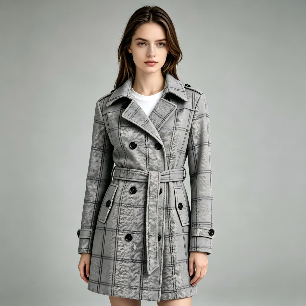 Heting Women's Slim Double Breasted Winter Pea Coat, Tailored Trench Coat with Adjustable Belt and 4-Way Stretch Lining