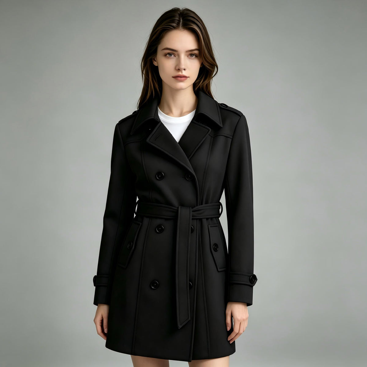 Heting Women's Slim Double Breasted Winter Pea Coat, Tailored Trench Coat with Adjustable Belt and 4-Way Stretch Lining