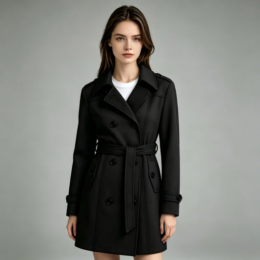 Heting Women's Slim Double Breasted Winter Pea Coat, Tailored Trench Coat with Adjustable Belt and 4-Way Stretch Lining