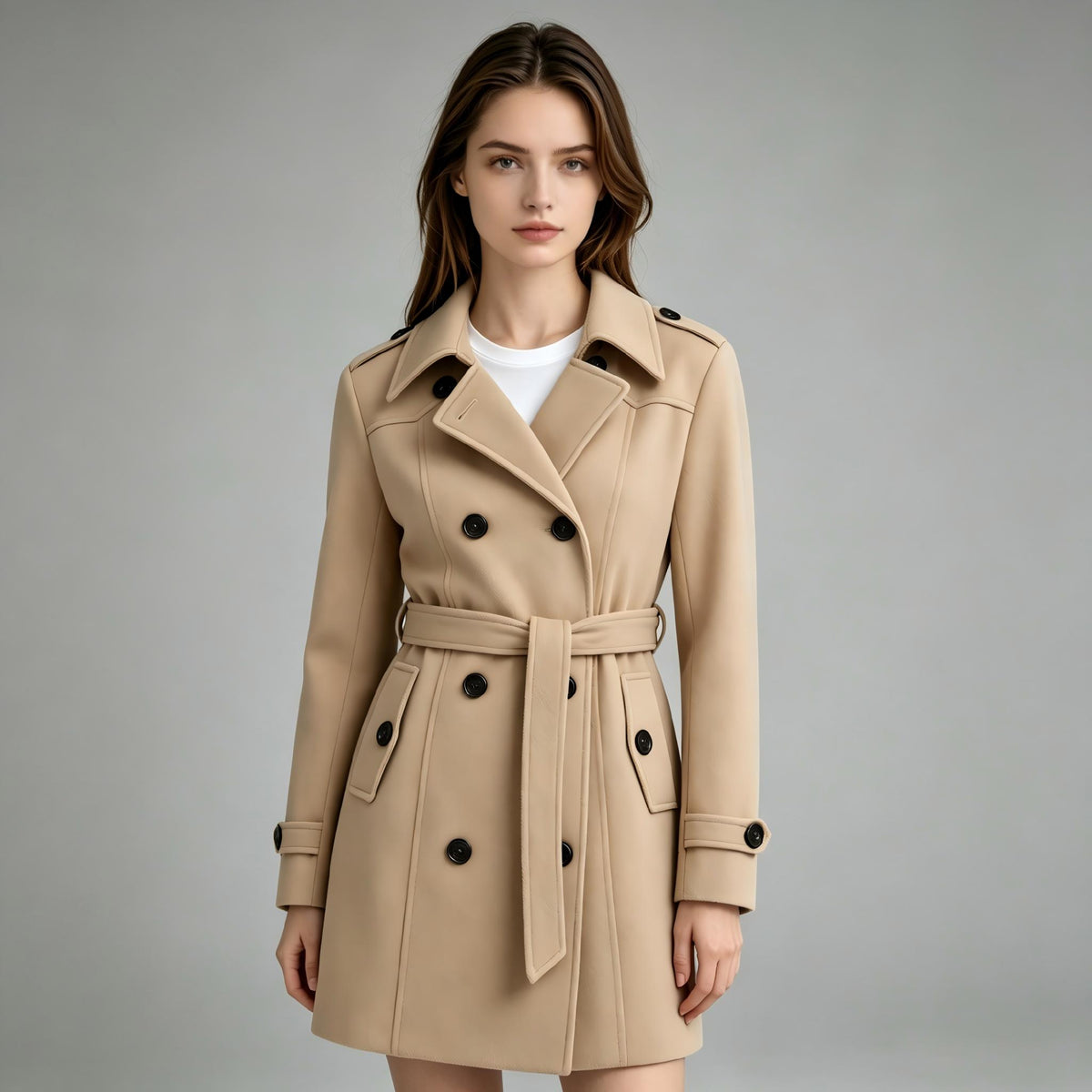 Heting Women's Slim Double Breasted Winter Pea Coat, Tailored Trench Coat with Adjustable Belt and 4-Way Stretch Lining