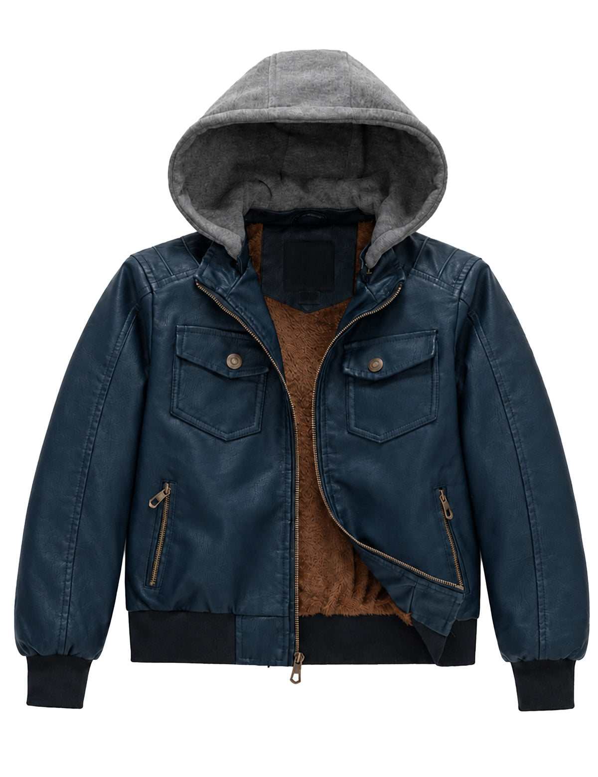 Heting Boy's PU Faux Leather Motorcycle Jacket, Windproof Warm Fleece Lined Kids Hooded Winter Bomber Coat