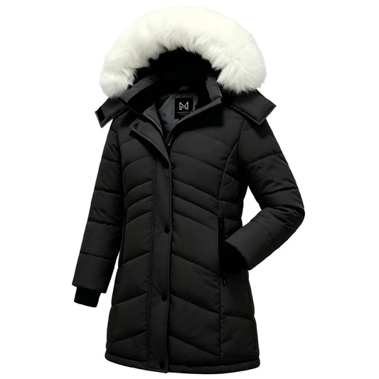 Heting Girls' Long Quilted Puffer Jacket, 5000mm Waterproof Insulated Winter Parka, Windproof Recycled Shell Fleece Lined Coat with Removable Faux Fur Hood