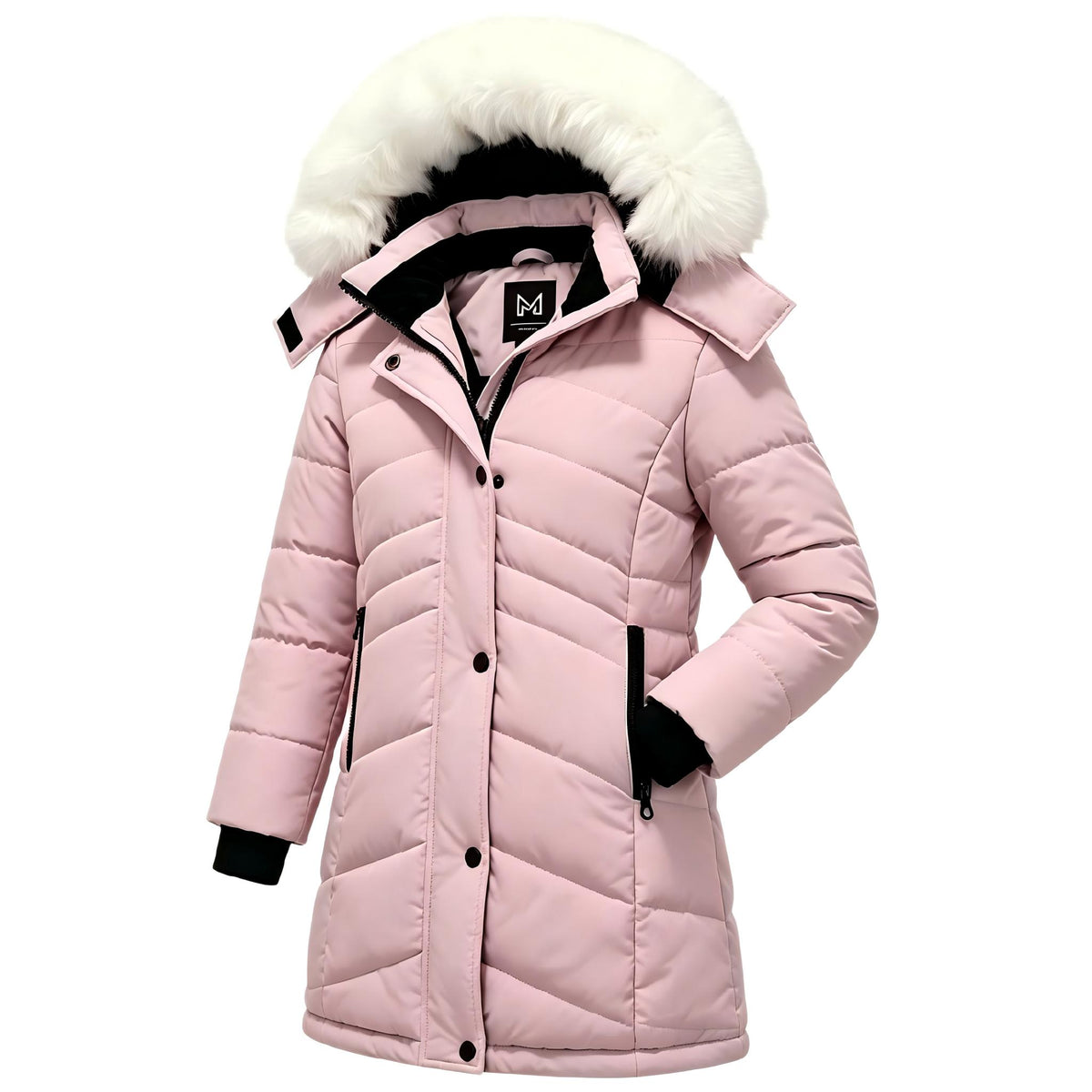 Heting Girls' Long Quilted Puffer Jacket, 5000mm Waterproof Insulated Winter Parka, Windproof Recycled Shell Fleece Lined Coat with Removable Faux Fur Hood