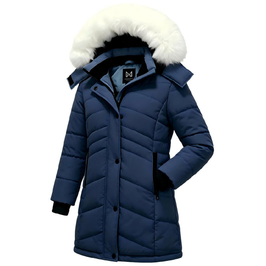 Heting Girls' Long Quilted Puffer Jacket, 5000mm Waterproof Insulated Winter Parka, Windproof Recycled Shell Fleece Lined Coat with Removable Faux Fur Hood