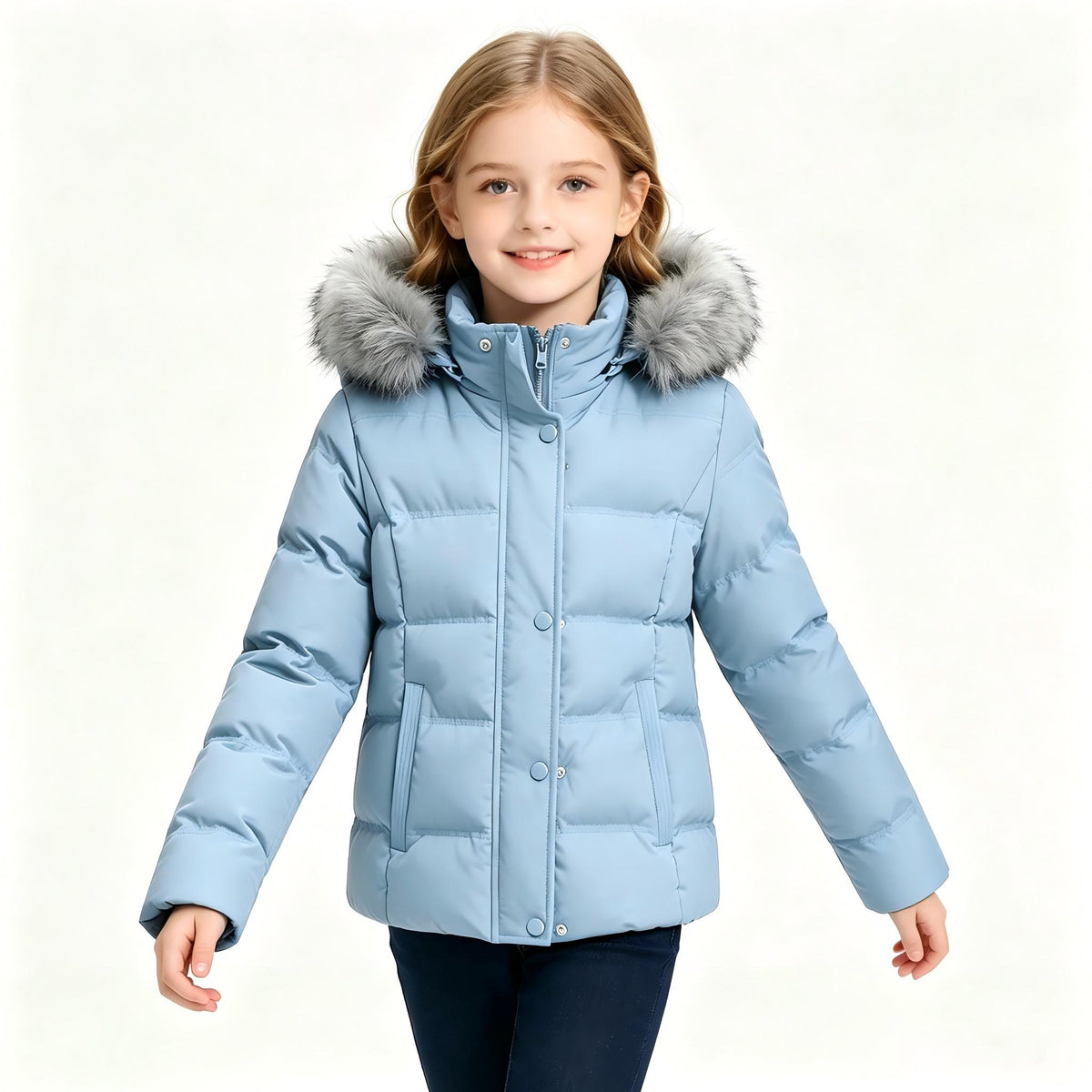Heting Girl's Windproof & Water Resistant Puffer Coat with Removeable Faux-fur Trim, Thick Quilted Warm Winter Jacket with Hood