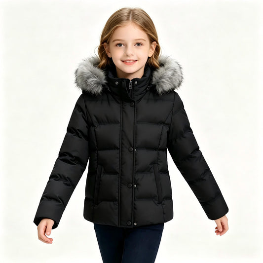 Heting Girl's Windproof & Water Resistant Puffer Coat with Removeable Faux-fur Trim, Thick Quilted Warm Winter Jacket with Hood