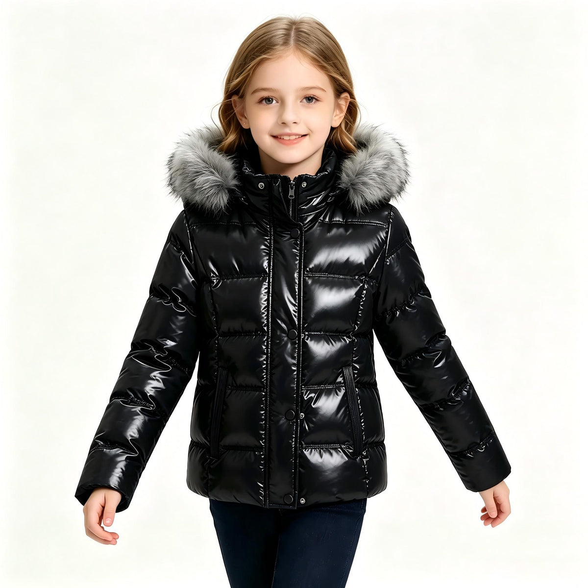 Heting Girl's Windproof & Water Resistant Puffer Coat with Removeable Faux-fur Trim, Thick Quilted Warm Winter Jacket with Hood
