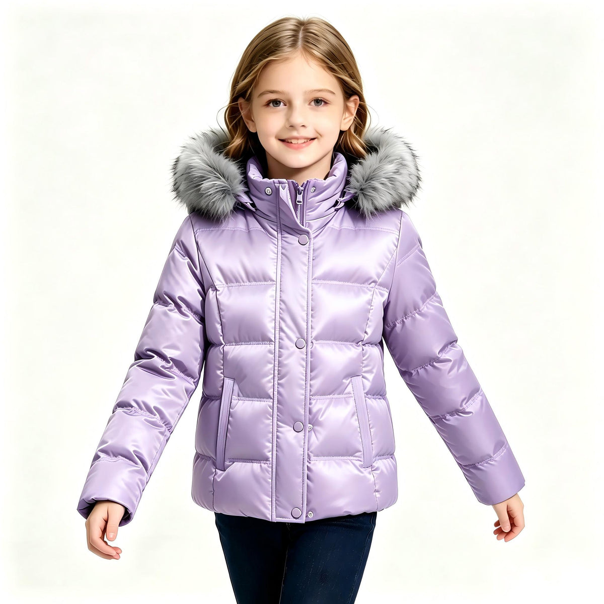 Heting Girl's Windproof & Water Resistant Puffer Coat with Removeable Faux-fur Trim, Thick Quilted Warm Winter Jacket with Hood