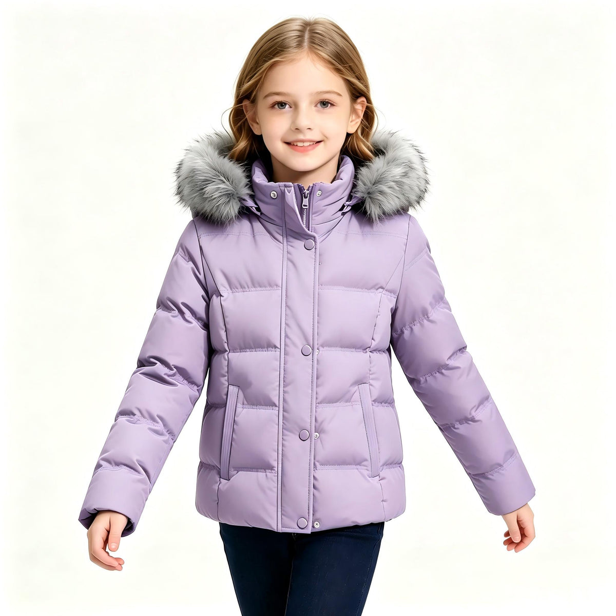 Heting Girl's Windproof & Water Resistant Puffer Coat with Removeable Faux-fur Trim, Thick Quilted Warm Winter Jacket with Hood