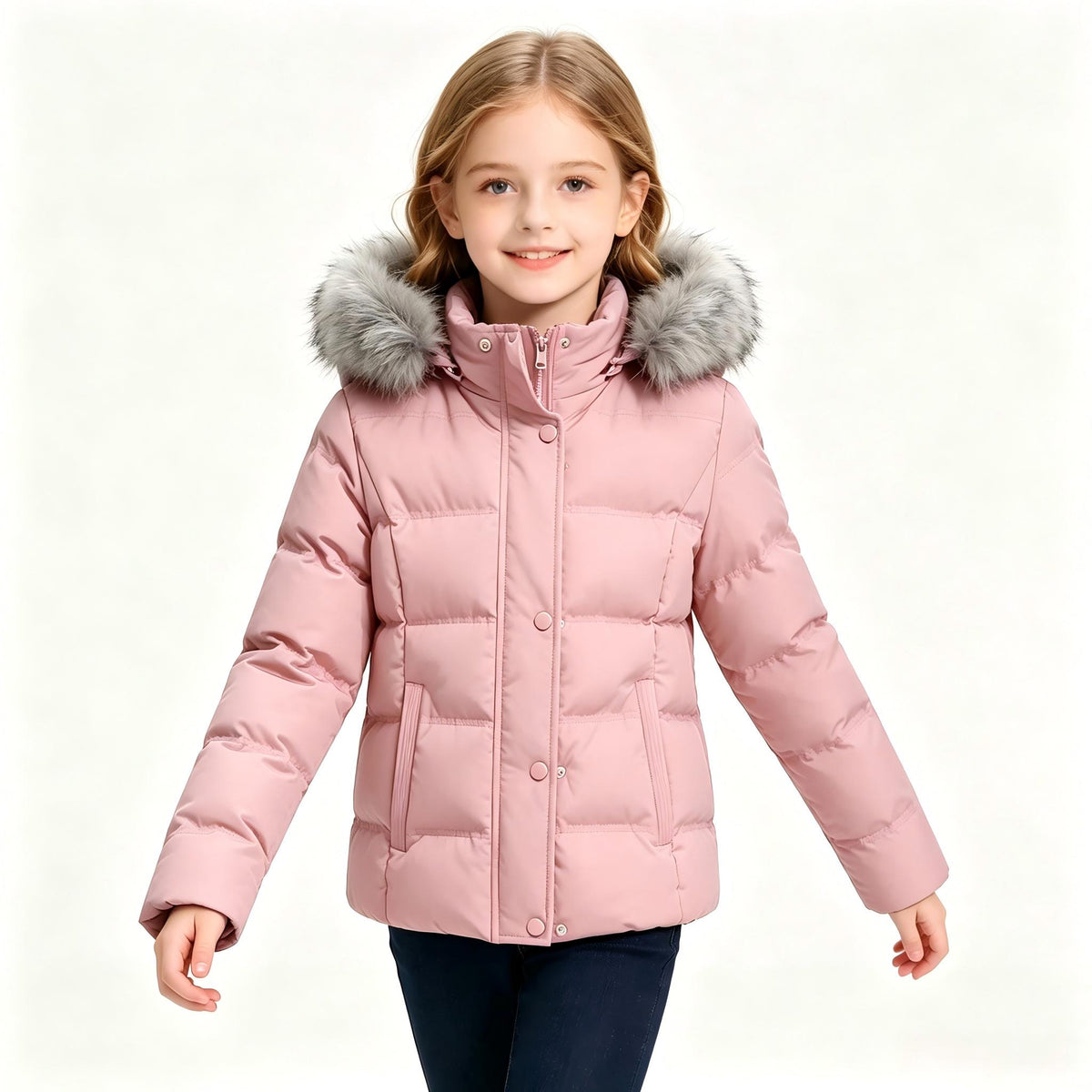 Heting Girl's Windproof & Water Resistant Puffer Coat with Removeable Faux-fur Trim, Thick Quilted Warm Winter Jacket with Hood