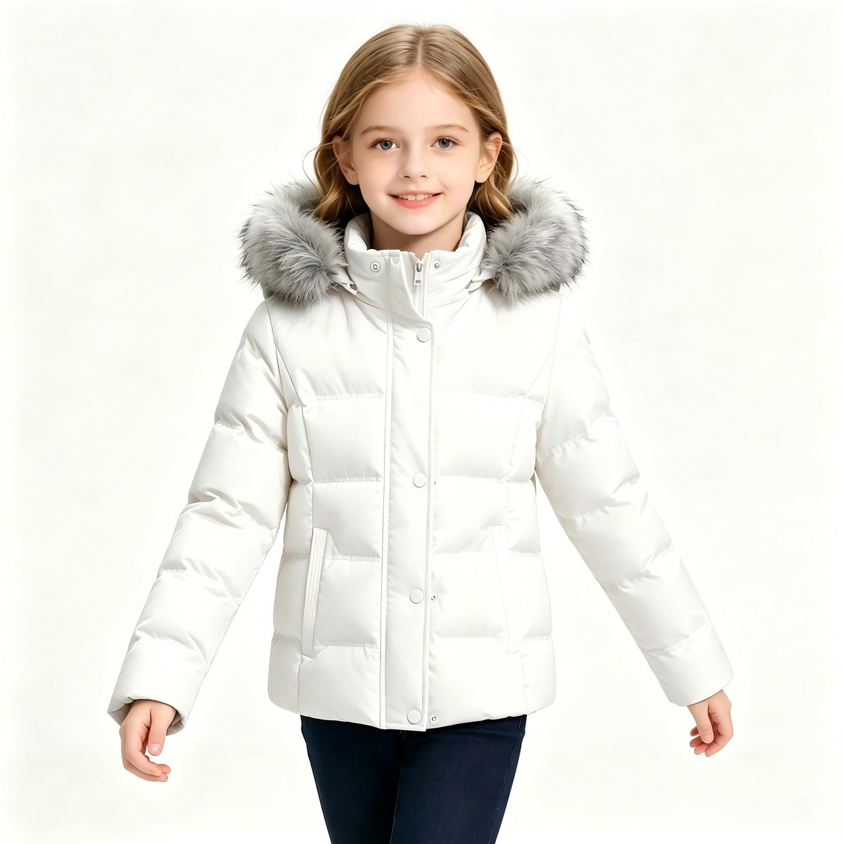 Heting Girl's Windproof & Water Resistant Puffer Coat with Removeable Faux-fur Trim, Thick Quilted Warm Winter Jacket with Hood