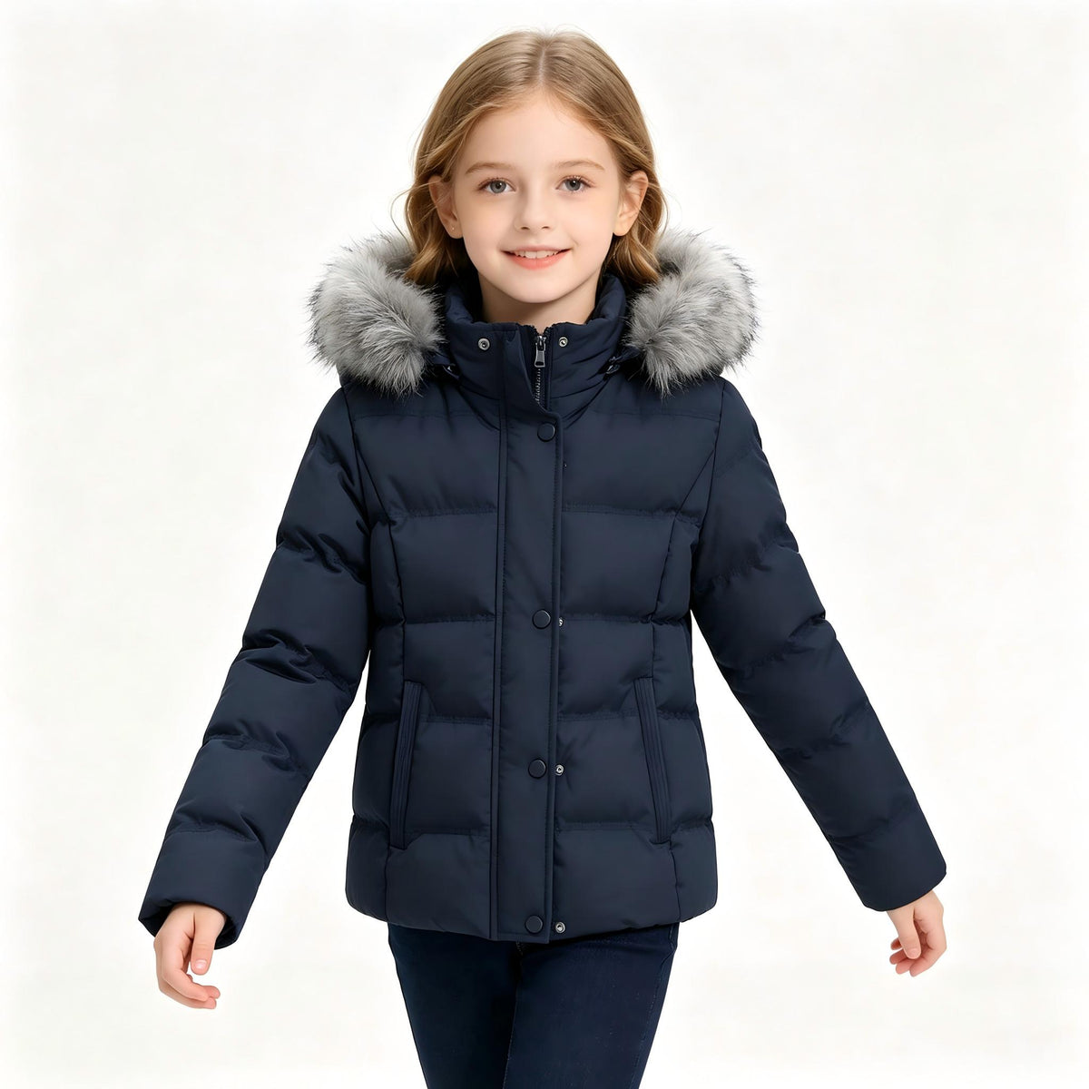 Heting Girl's Windproof & Water Resistant Puffer Coat with Removeable Faux-fur Trim, Thick Quilted Warm Winter Jacket with Hood