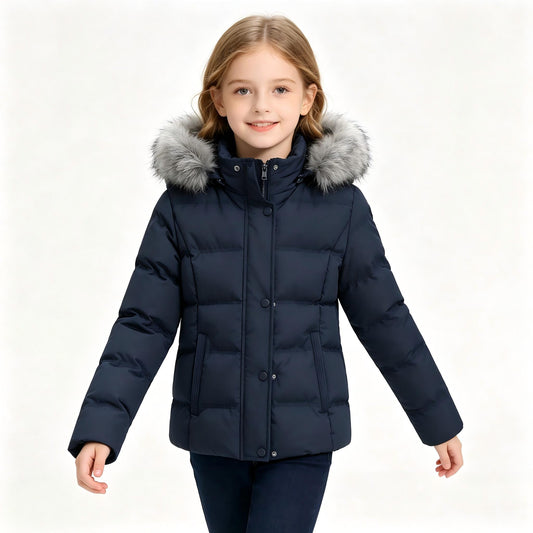 Heting Girl's Windproof & Water Resistant Puffer Coat with Removeable Faux-fur Trim, Thick Quilted Warm Winter Jacket with Hood